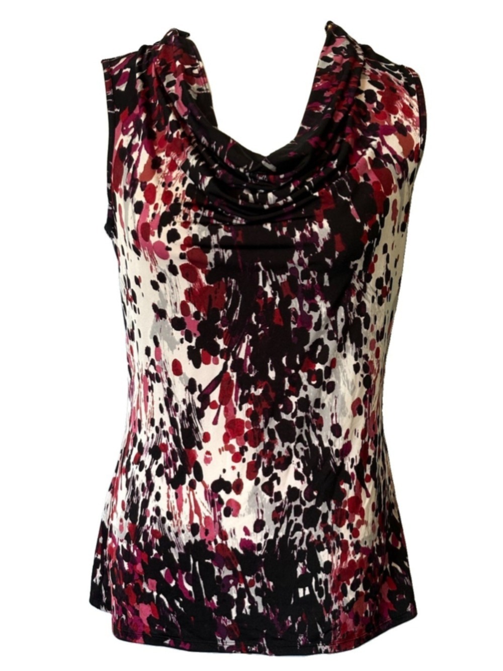Dana Buchman XS Cowl Neck Top Sleeveless Blouse Abstract Purple Pink Paint Print